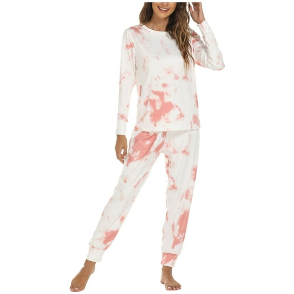 Azrian Womens Pajamas,Women Fashion Tie-Dye Print Long-Sleeved Trousers Pajama Set Two-Piece L Size,White on