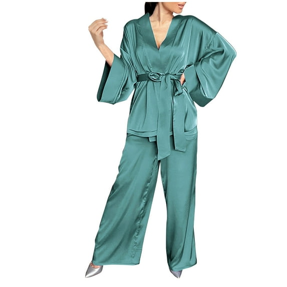 Azrian Womens Pajamas,Women Long-sleeved V-neck Satin Finish Night-robe Pajama Pants Add Belt Suit L Size,Mint Green on