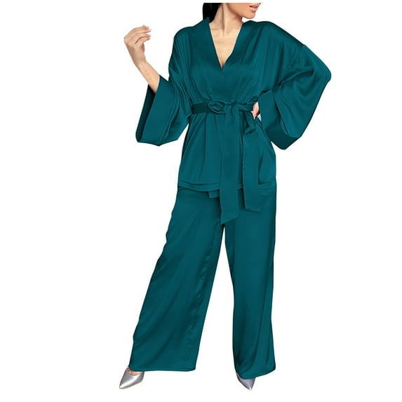 Azrian Womens Pajamas Clearance,Women Long-sleeved V-neck Satin Finish Night-robe Pajama Pants Add Belt Suit S Size,Green on Sale