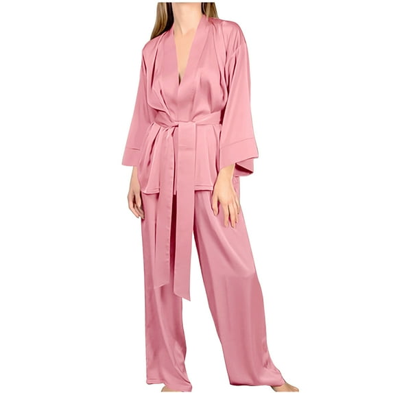 Azrian Womens Pajamas,Women Long-sleeved V-neck Satin Finish Night-robe Pajama Pants Add Belt Suit XXXL Size,Pink on