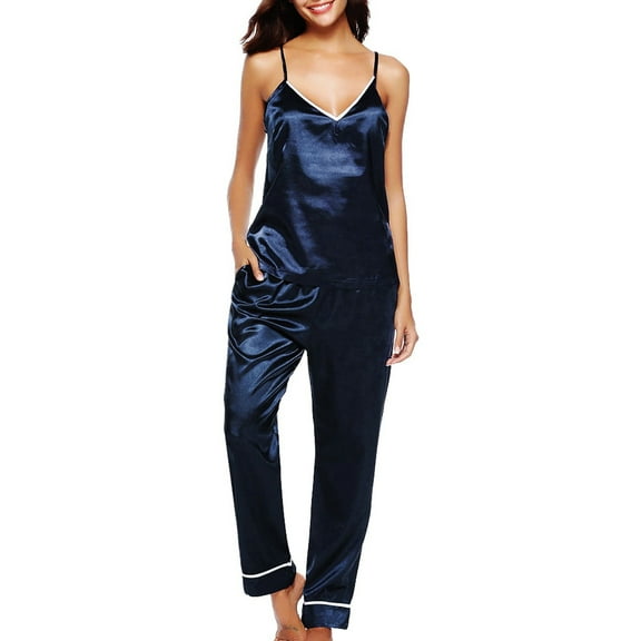 Azrian Womens Pajamas,Women Sleepwear Sleeveless Strap Nightwear Lace Trim Satin Cami Pajama Sets XXL Size,Navy on