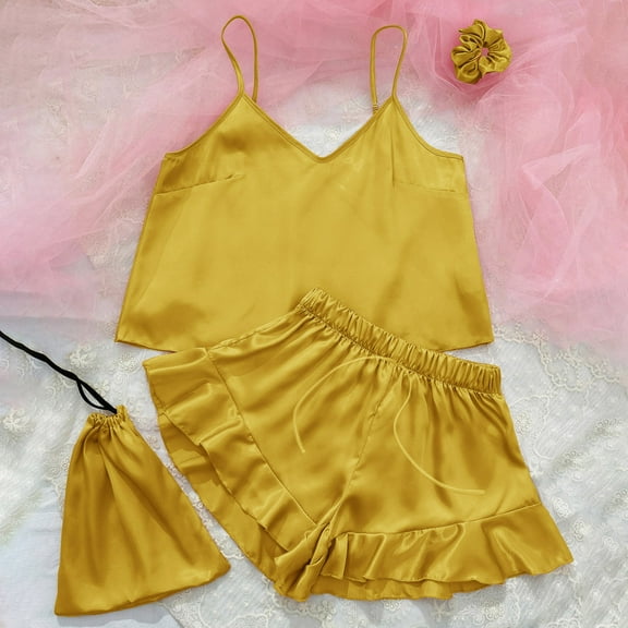 Azrian Womens Pajamas,Women Solid Casual Pullover Sleeveless Tops Shorts Set Home Wear Sleepwear M Size,Yellow on