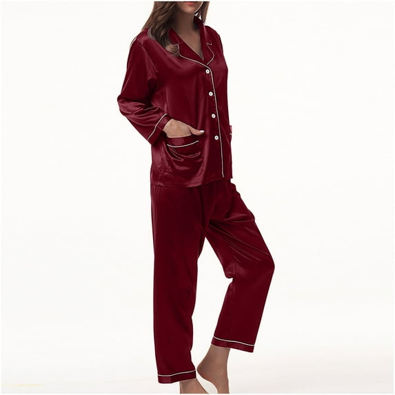 Azrian Womens Pajamas Clearance,Women's Casual Homewear Long-Sleeve Tops Trousers Color Night Pajamas Suits XXL Size,Wine on Sale