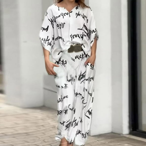 Azrian Womens Pajamas,Women's Fashion Suit Long-sleeved Female Letter Print XXXL Size,White on
