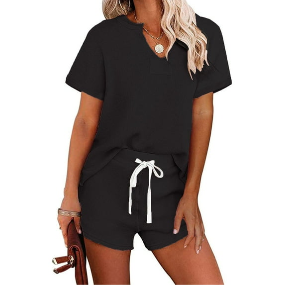 Azrian Womens Pajamas,Women's Short Sleeve Pajama Set Henley-Tops and Shorts Sleepwear Loungewear M Size,Black on