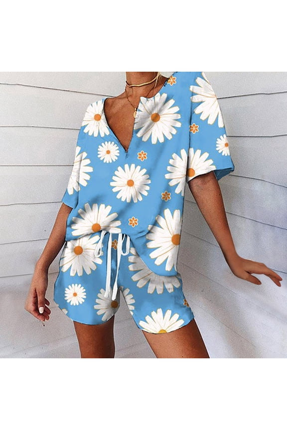 Womens Pajamas,Women's Spring and Summer Loose Fitting Pajama Short Sleeved V-neck Pajama Set Drawstring Shorts Set Size,Blue on