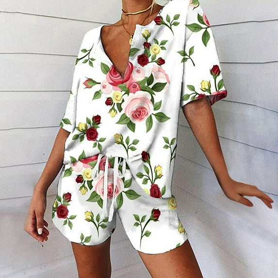 Azrian Womens Pajamas,Women's Spring and Summer Loose Fitting Pajama Short Sleeved V-neck Pajama Set Drawstring Shorts Set XL Size,White on