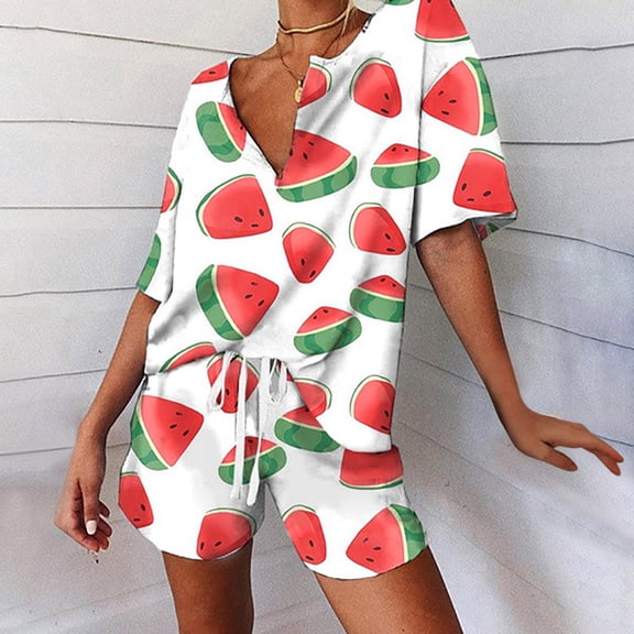 Azrian Womens Pajamas,Women's Spring and Summer Loose Fitting Pajama Short Sleeved V-neck Pajama Set Drawstring Shorts Set XXL Size,Pink on