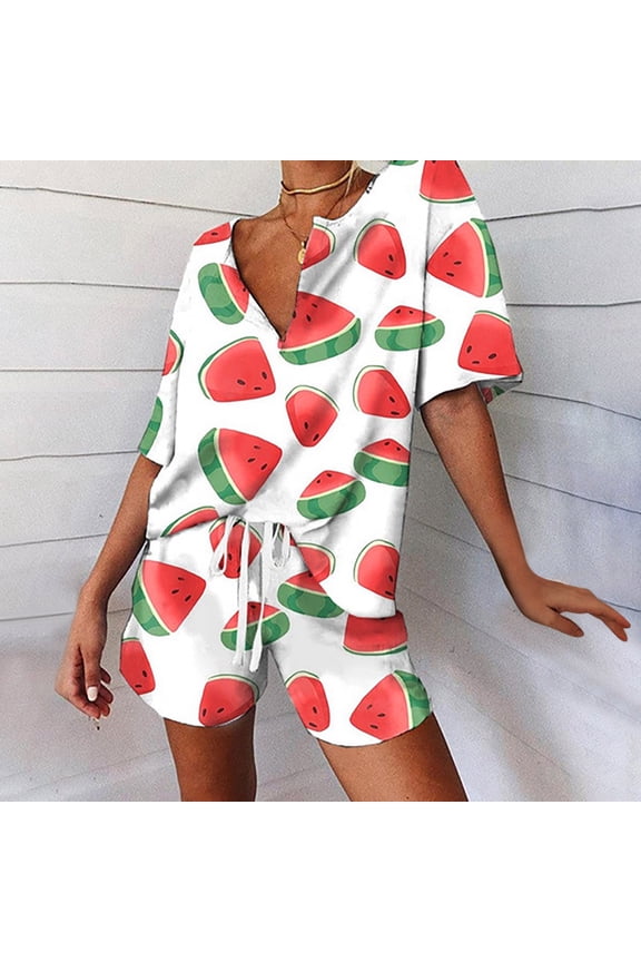 Womens Pajamas,Women's Spring and Summer Loose Fitting Pajama Short Sleeved V-neck Pajama Set Drawstring Shorts Set XXL Size,Pink on