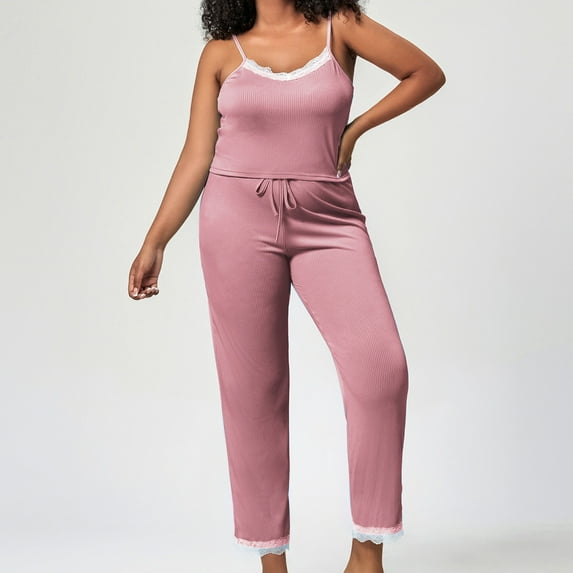 Azrian Womens Pajamas,Women's Summer Elastic Thin Quarter Thin Style Casual Pajamas Loose Size Pants Oversized Pajamas Pendulous Cool Lace Camisole Home Furnishing L Size,Pink on