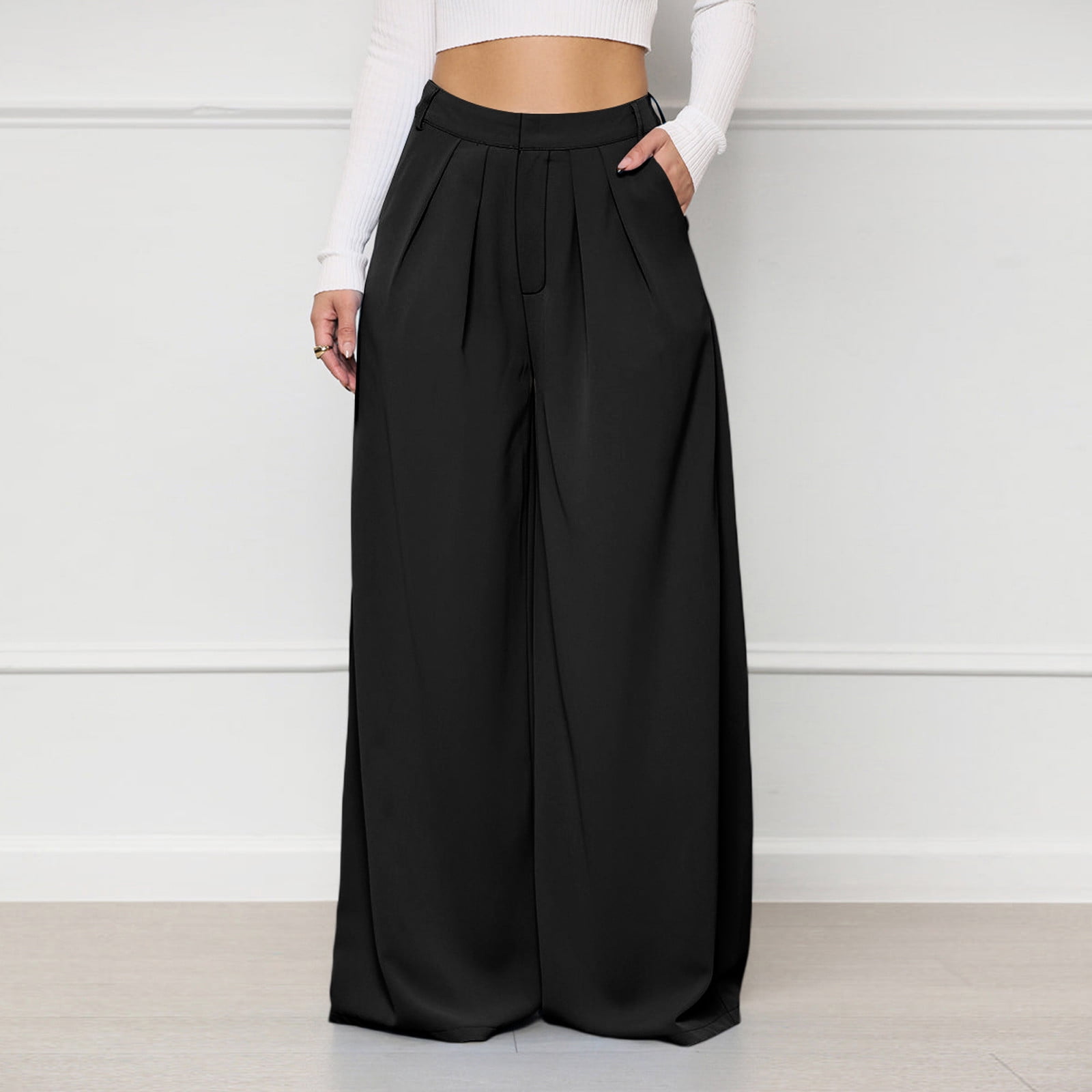 Azrian Womens Pants Clearance,Womens Plus Size Pants Fashion Casual Solid  Elegant High Waist Pockets Wide Leg Flare Trousers Zipper Pant Clearance 