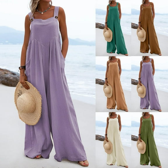 Azrian Womens Plus Jumpsuits Summer,Fashion Casual Cold Shoulder Tops Solid Button Suspender Wide Pocket Leg Pant M-XXL Size Suit Sets on