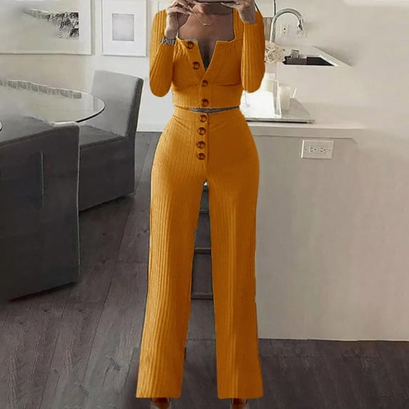 Azrian Womens Plus Size Activewear Suit Sets Solid Color Long Sleeve Cardigan Slim Buttoned Casual Pants Suit