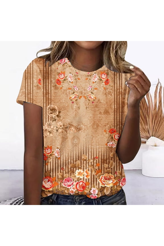 Womens Plus Size,Women's Casual Retro Printed Round Neck Short Sleeved Top