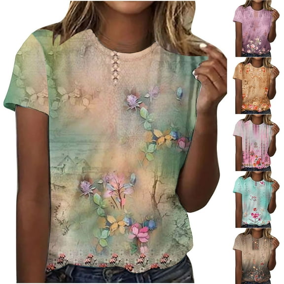 Azrian Womens Plus Size,Women's Casual Retro Printed Round Neck Short Sleeved Top