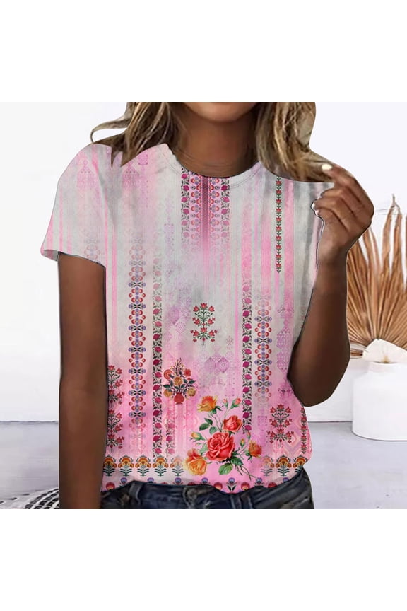Womens Plus Size,Women's Casual Retro Printed Round Neck Short Sleeved Top