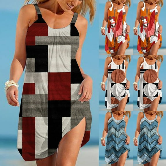 Azrian Womens Plus Size,Women's Summer Printed Sleeveless Scoop Neck Sundress Casual Flowy Swing Beach Dresses