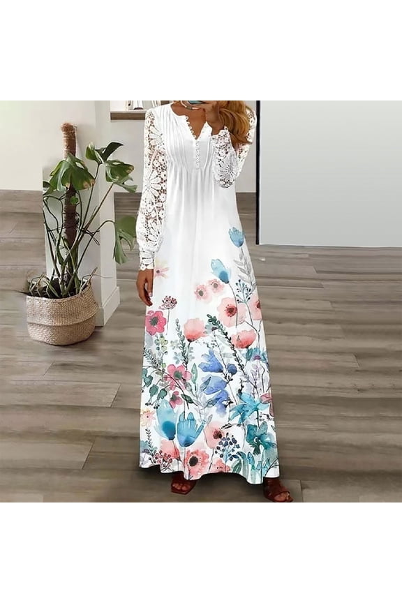 Womens Plus Size Dresses Casual V-Neck Long Sleeve Waist Buttons Printing Loose Dress