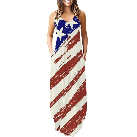 Azrian Sleeveless Pocket Dress with Patriotic Print for Casual Wear - Women Casual Independence Day Pockets Sleeveless Maxi Long Dress