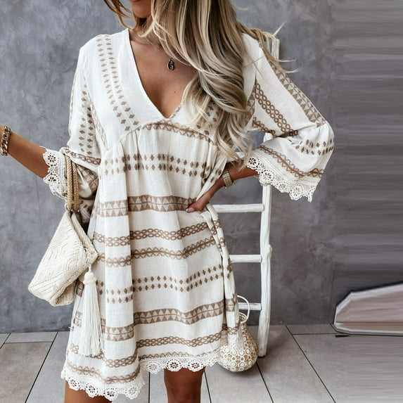 Azrian Womens Plus Size Dresses Fashion Lace Pacthword Casual Print V-Neck 3/4 Sleeve Loose Dress Clearance