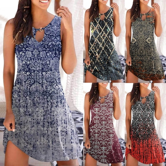 Azrian Womens Plus Size Dresses Fashion Printed Casual Round-Neck Sleeveless Long Dress