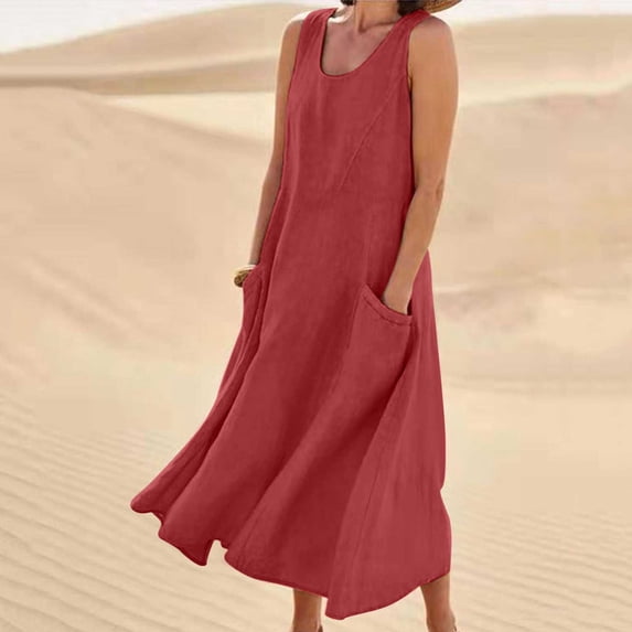 Azrian Womens Plus Size Dresses Summer Fashion Casual Solid Color Sleeveless Cotton Linen Long Dress Clearance