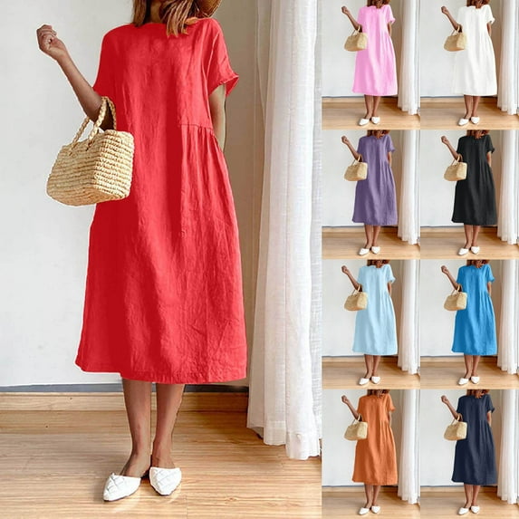 Azrian Womens Plus Size Dresses Summer Fashion Solid Color Round Neck Short Sleeve Cotton Linen Dress