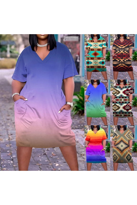 Womens Plus Size Dresses V Neck Summer Casual Sundresses Pocket Knee Short Sleeve Daily Dress