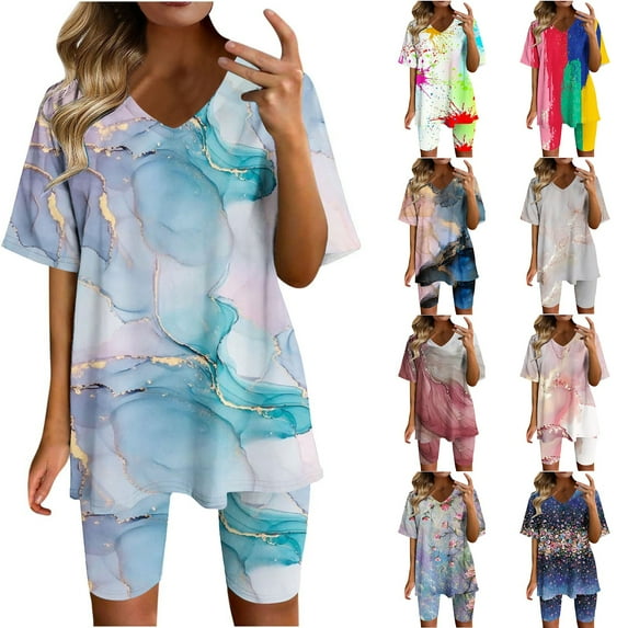 Azrian Womens Plus Size Pants,Women Fashion V-Neck Blouse Short Sleeve Tops Shorts Casual Suit Sets Clearance Sales Today Deals Prime