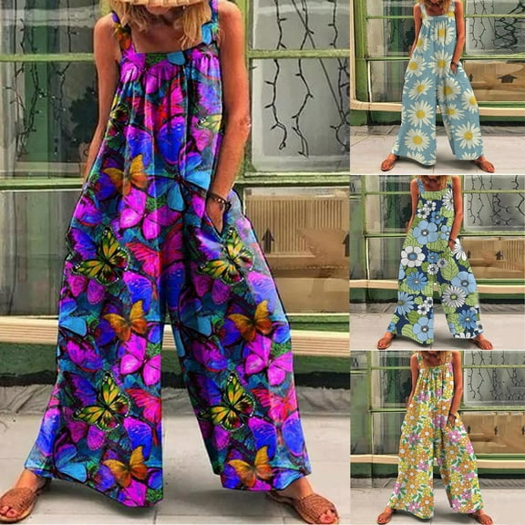 Azrian Womens Plus Size Pants,Womens Fashion Pants Overalls Rompers Printed Buttons Suspender Jumpsuit