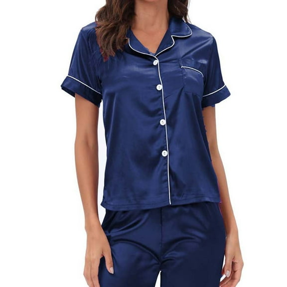 Azrian Womens Silk Satin Pajamas Set Two-Piece Sleepwear Loungewear Pjs Button-Down Sets,Casual Fashion Home Wear Pajamas Short Sleeve Pajama Set Homewear