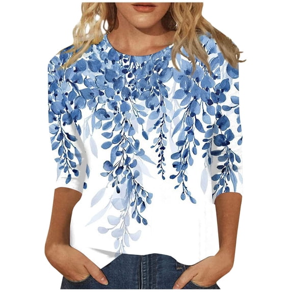 Azrian Womens Summer Tops,Womens Plus Size Blouse Fashion Printed T-shirt 3/4 Sleeves Blouse Round Neck Casual Tops