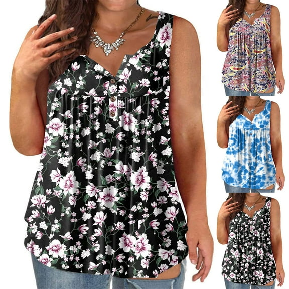 Azrian Womens Summer Tops Womens Tank Summer Printed Sleeveless Flared Trendy Casual Blouse Button Tunic Shirt Tops