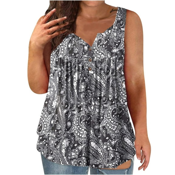 Azrian Womens Summer Tops Womens Tank Summer Printed Sleeveless Flared Trendy Casual Blouse Button Tunic Shirt Tops