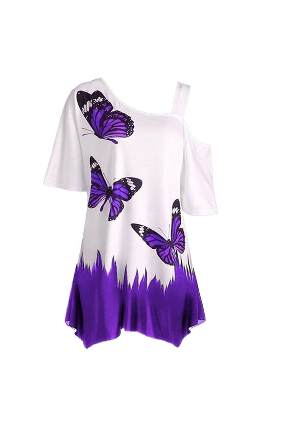 Womens Summer Tops Shirts,Plus Size Blouses Women Cold Shoulder Butterfly Print Short Sleeve Plus-Size Shirt Blouse Tops under $5