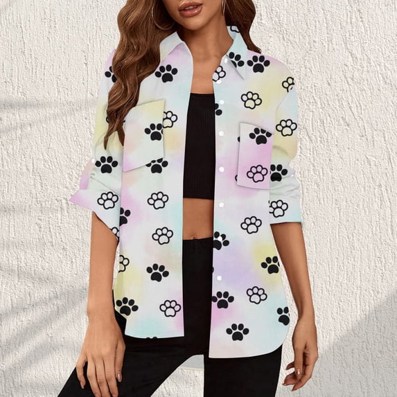 Azrian Womens Tops 2023,Casual Women's Turndown Collar Neck Summer Sexy Pocket Gradient Print Regular Women's Long Sleeve Top Clearance Sale