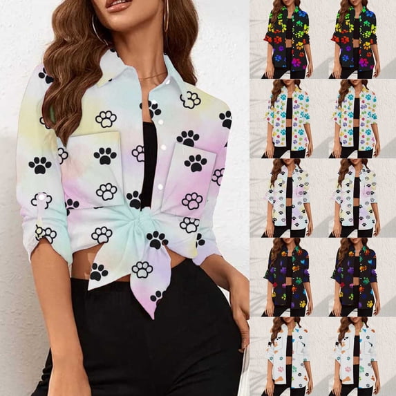 Azrian Womens Tops 2023,Casual Women's Turndown Collar Neck Summer Sexy Pocket Gradient Print Regular Women's Long Sleeve Top Clearance Sale