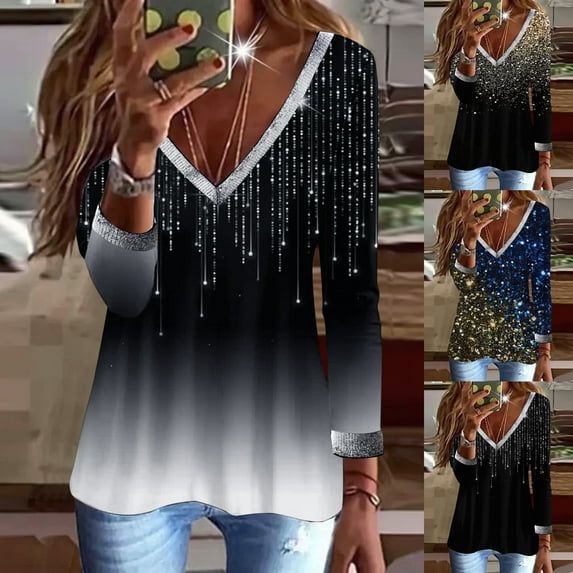 Azrian Womens Tops,Women Casual T-shirt Printed Long Sleeve V-Neck Ruched Pullover Blouse Tops