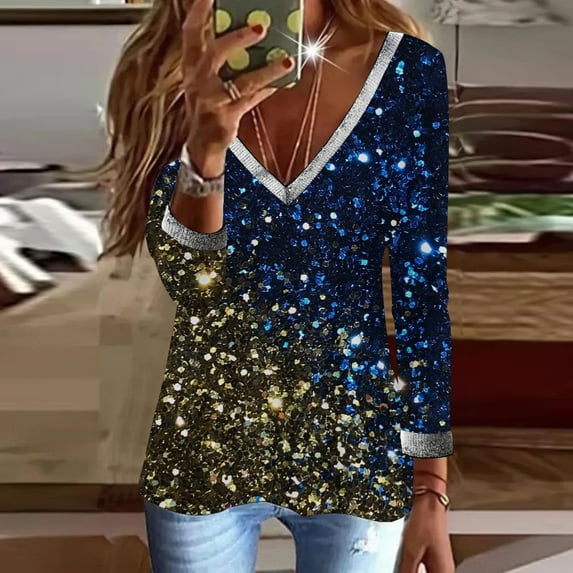 Azrian Womens Tops,Women Casual T-shirt Printed Long Sleeve V-Neck Ruched Pullover Blouse Tops