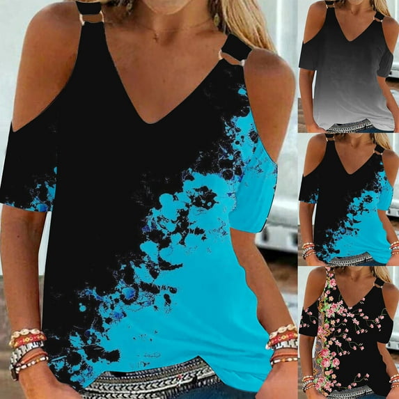 Azrian Womens Tops,Women Summer T- Shirt Cold Shoulder Pullover Blouse V-Neck Short Sleeve Printed Tops Blouse