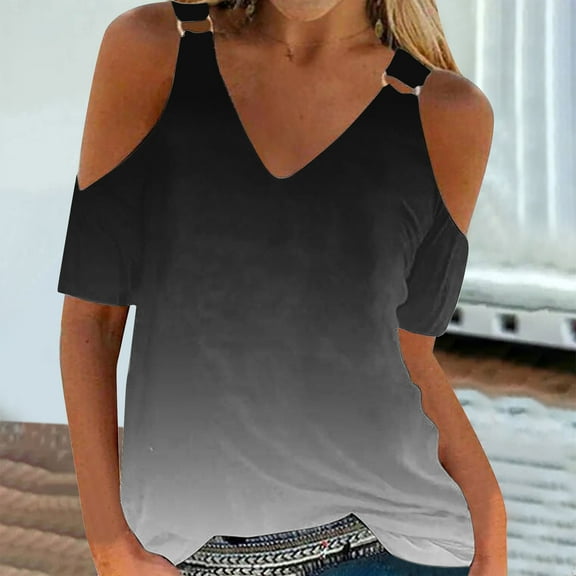 Azrian Womens Tops,Women Summer T- Shirt Cold Shoulder Pullover Blouse V-Neck Short Sleeve Printed Tops Blouse
