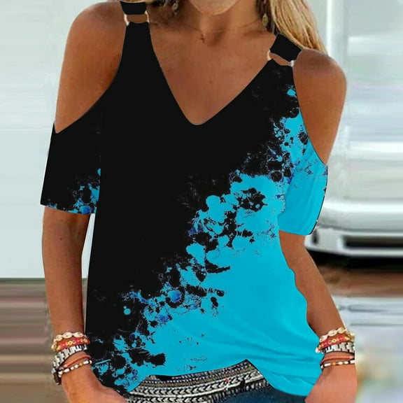 Azrian Womens Tops,Women Summer T- Shirt Cold Shoulder Pullover Blouse V-Neck Short Sleeve Printed Tops Blouse