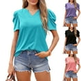 thumbnail image 1 of Azrian Womens Tops Clearance Fall Saving,Womens Plus Blouses Casual V-Neck Short Sleeve T-Shirts Solid Puff Sleeve Summer Blouse Tops on Sale, 1 of 6