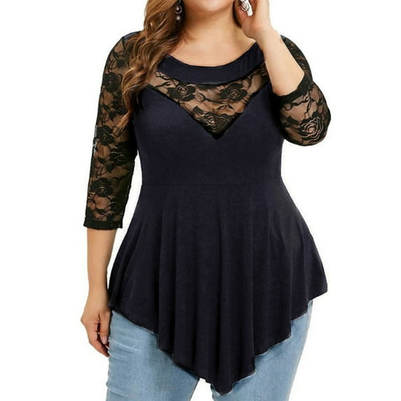 Azrian Womens Tops Fall Saving,Womens Plus Blouses Fashion Women Solid Floral Lace Asymmetric Three Quarter Tops Blouse on