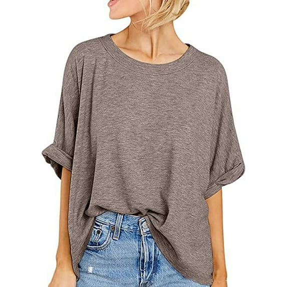 Azrian Womens Tops Fall Saving,Womens Plus Blouses Oversized T-Shirt Summer Casual Loose Fit 5/4 Sleeve Short Sleeve Solid Macaron Color Loose Tee Tops on