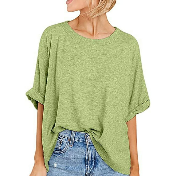 Azrian Womens Tops Fall Saving,Womens Plus Blouses Oversized T-Shirt Summer Casual Loose Fit 5/4 Sleeve Short Sleeve Solid Macaron Color Loose Tee Tops on