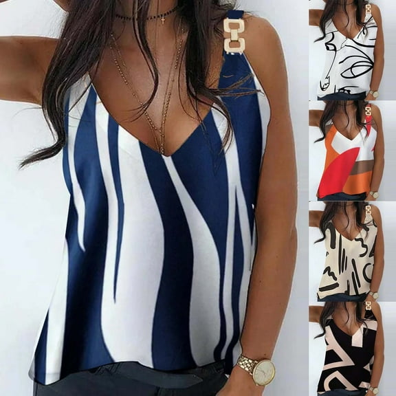 Azrian Womens Tops Fall Saving,Womens Plus Blouses Sleeveless Casual V-Neck Metal Buckle Sling Printed Vest Tank Tops Blouse Camisole on