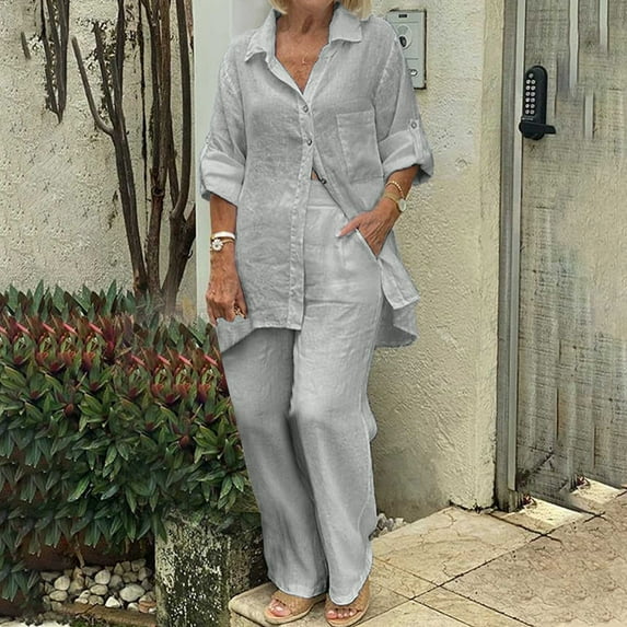 Azrian Womens Two Pieces Cardigan Tops,Plus Size Plus Size Suit Sets Solid Turndown Collar Long Sleeve Pullover Shirt Tops + Pants Trousers Set