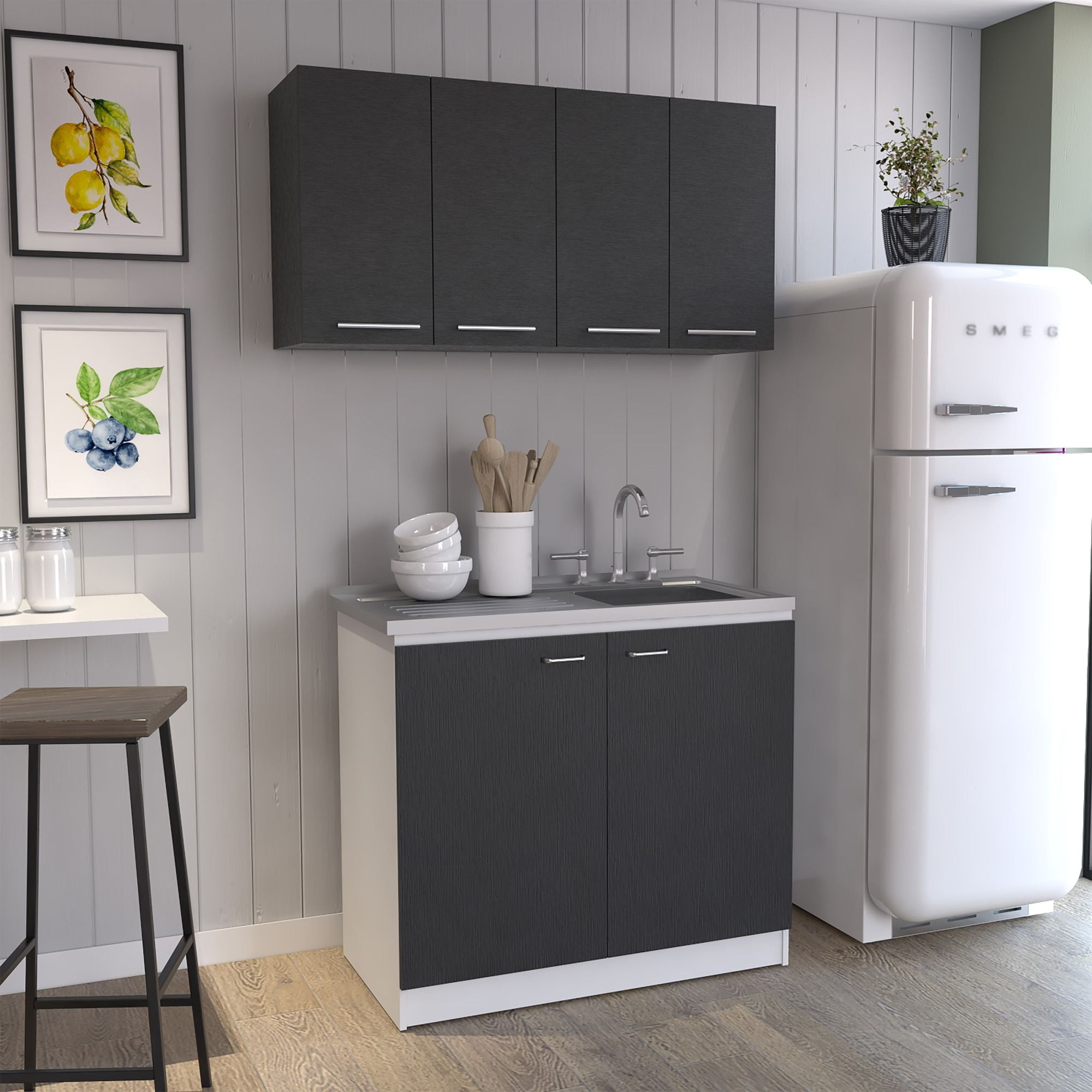 FM Furniture Aztec 2 Piece Kitchen Set Wall Cabinet Utility Sink Cabinet Black White