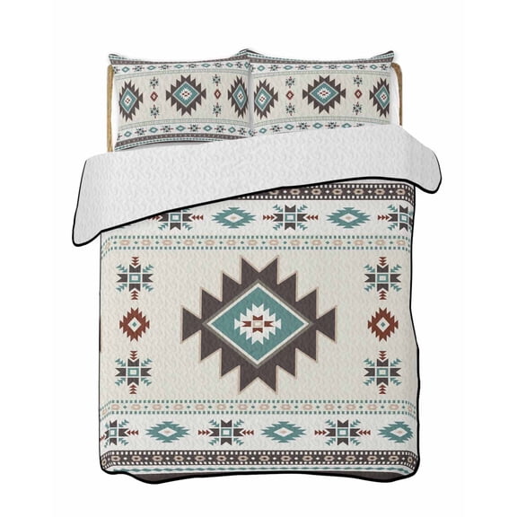 Aztec 3 Piece Quilt Bedding Set with 2 Pillow Shams, Beige Southwest Wind Bohemian Ethnic Wind Lightweight Bedspread Coverlet, Soft Breathable All Season Quilt, 68 x 98 Inch